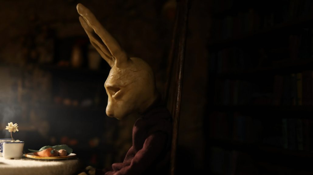 Stop Motion Puppe Mr. Rabbit's Doll sitzt an einem Esstisch