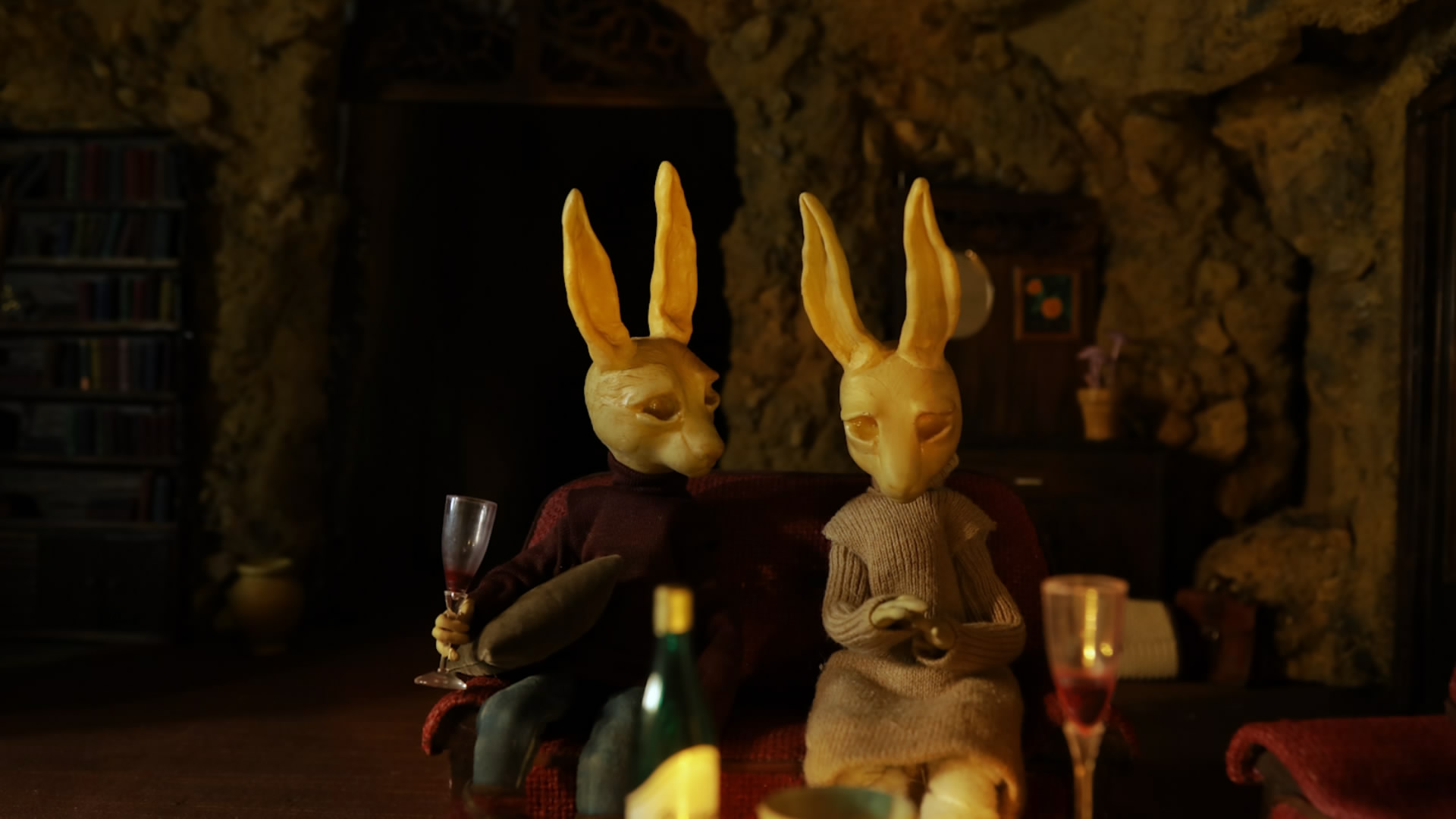 Mr. Rabbit's Doll Stop Motion Puppets sitting in a living Room and drinking wine