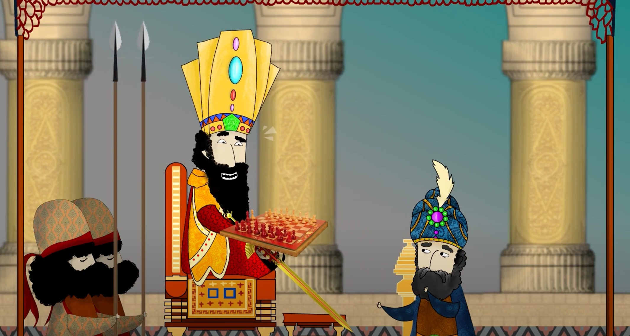 Persiche Charaktere spielen Schach mit dem König - Screenshot eines Kurzfilms