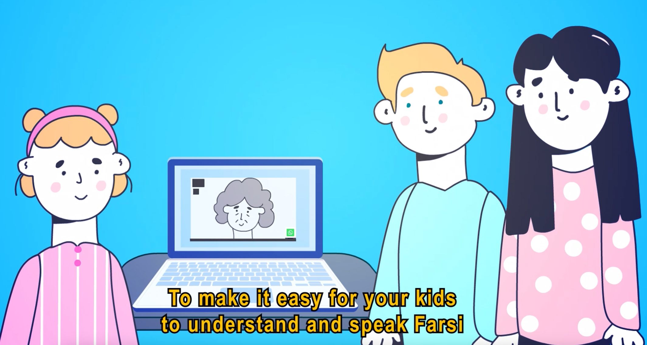Screenshot einer Animation für eine persische Sprachschule mit einer Familie, die mit der Oma über das Internet spricht