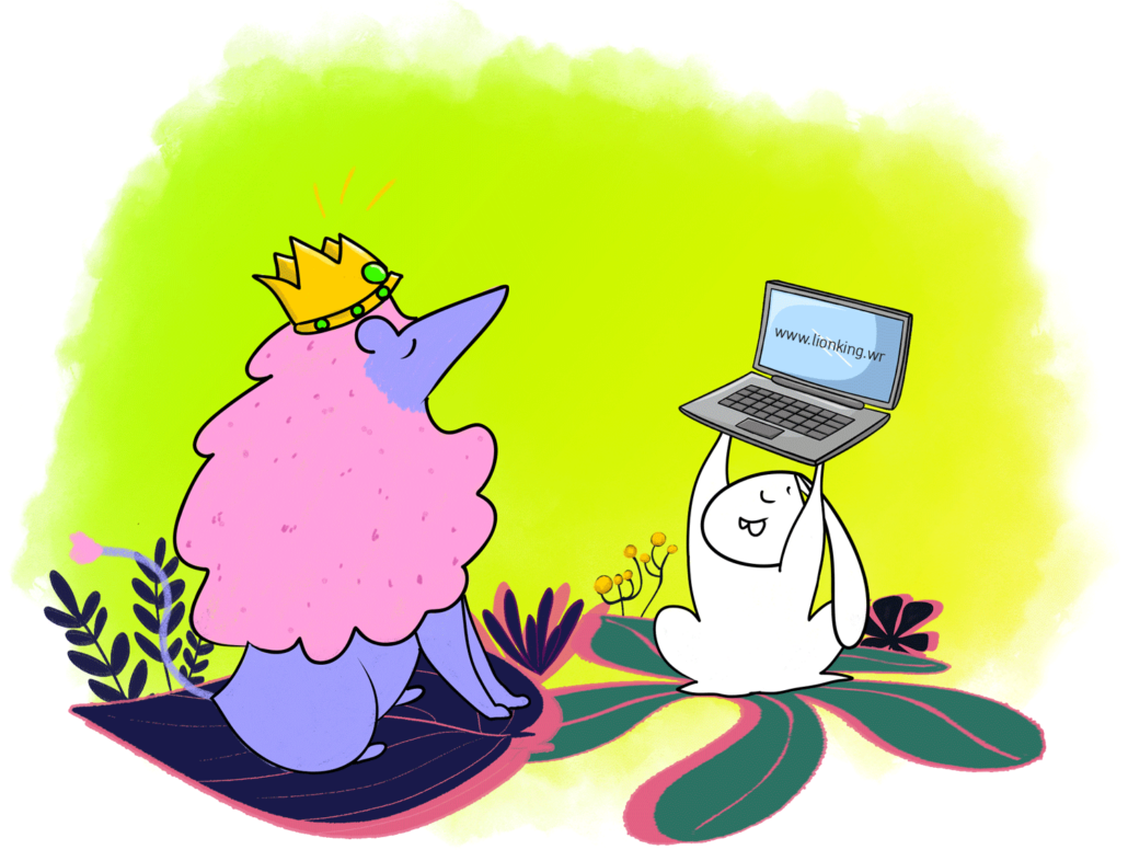 Grafik & Web-Design Visuelles Storytelling - Löwe mit Krone steht vor dem Charakter Wonder Rabbit der die Webseite präsentiert