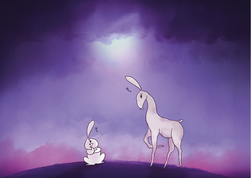 Visuelle Narrative, visuelles Storytelling: Wonder Rabbit steht fragend vor einem Tier